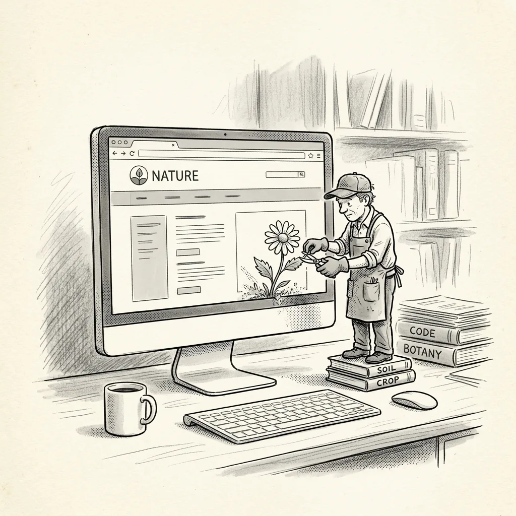 A tiny gardener trims a flower growing out of a website displayed on a computer screen
