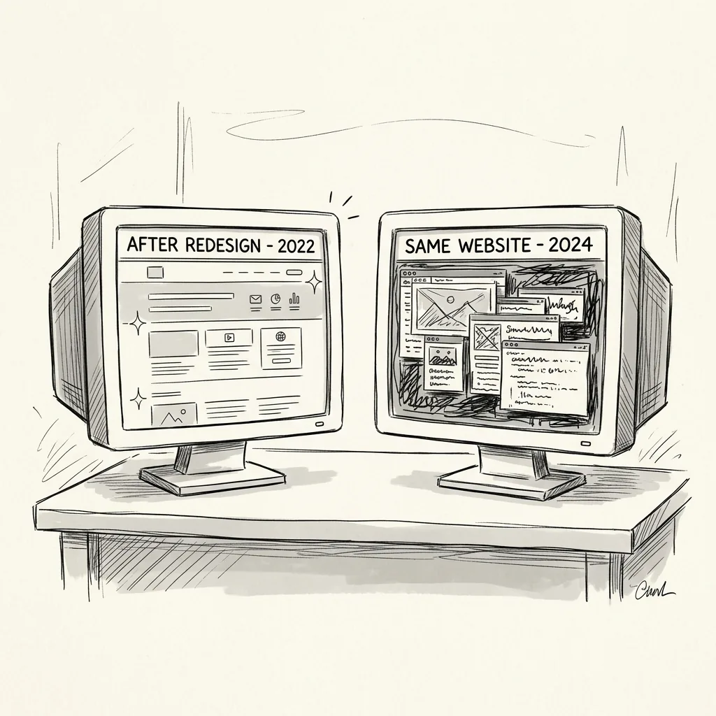Two screens side by side showing a website labeled 'AFTER REDESIGN - 2022' gleaming, and the same website in 2024 looking neglected