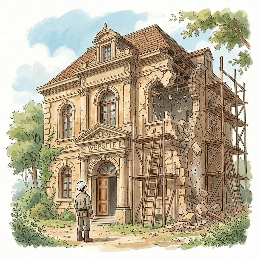 A grand ornate building with a small WEBSITE sign on the door, with scaffolding on one corner and crumbling facade
