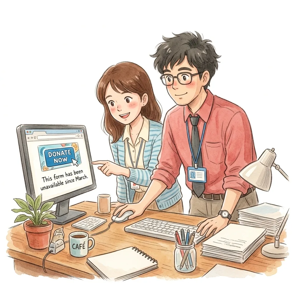 Two workers look at a nonprofit website with a huge DONATE NOW button and a tiny note saying 'This form has been unavailable since March'