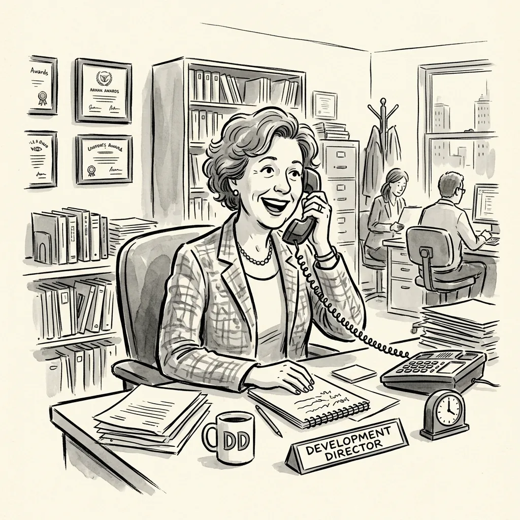 A cheerful development director talking on a landline phone