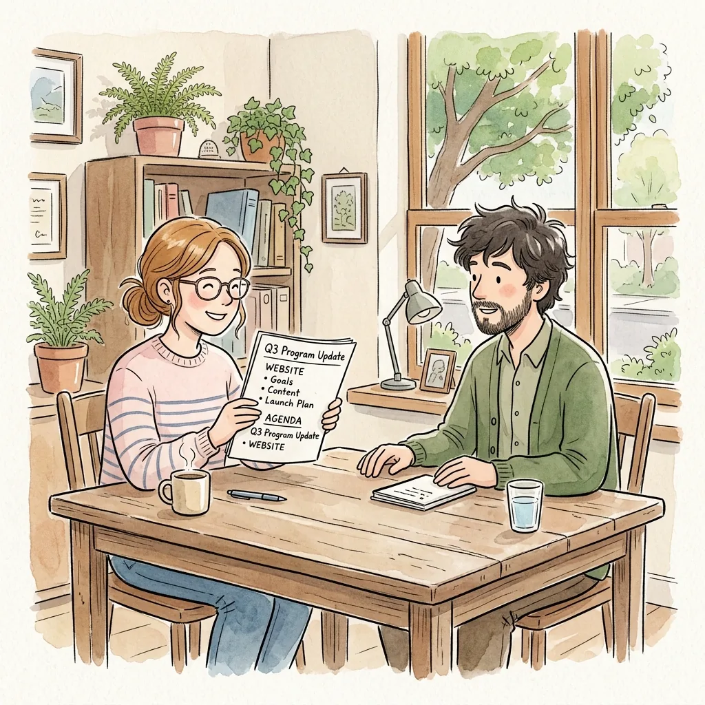 Two people sitting at a conference table looking at an agenda item where WEBSITE is handwritten