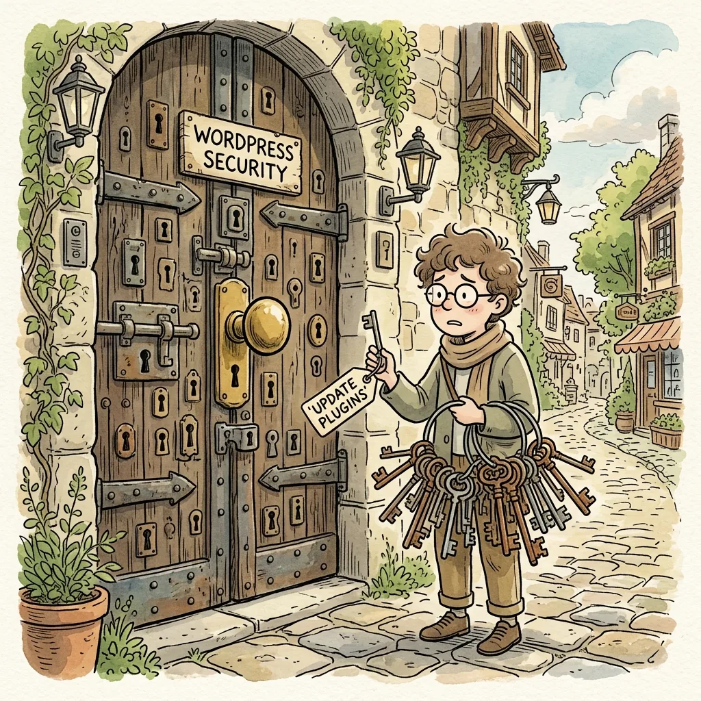 A person holding a massive keyring before a heavily locked door labeled WordPress Security