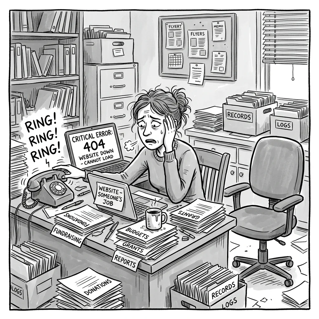 Stressed worker at a desk piled with papers next to a computer showing an error and a WEBSITE - SOMEONE'S JOB sticky note