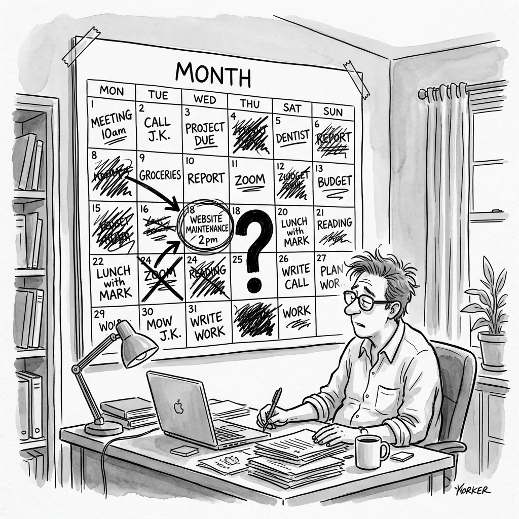 A calendar on a wall where all slots are busy except a WEBSITE MAINTENANCE slot which is crossed out and arrowed around
